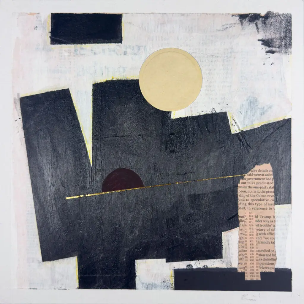 Abstrakte Collage mit dunklen Flächen, Kreisformen und feiner goldener Linie auf hellem Hintergrund